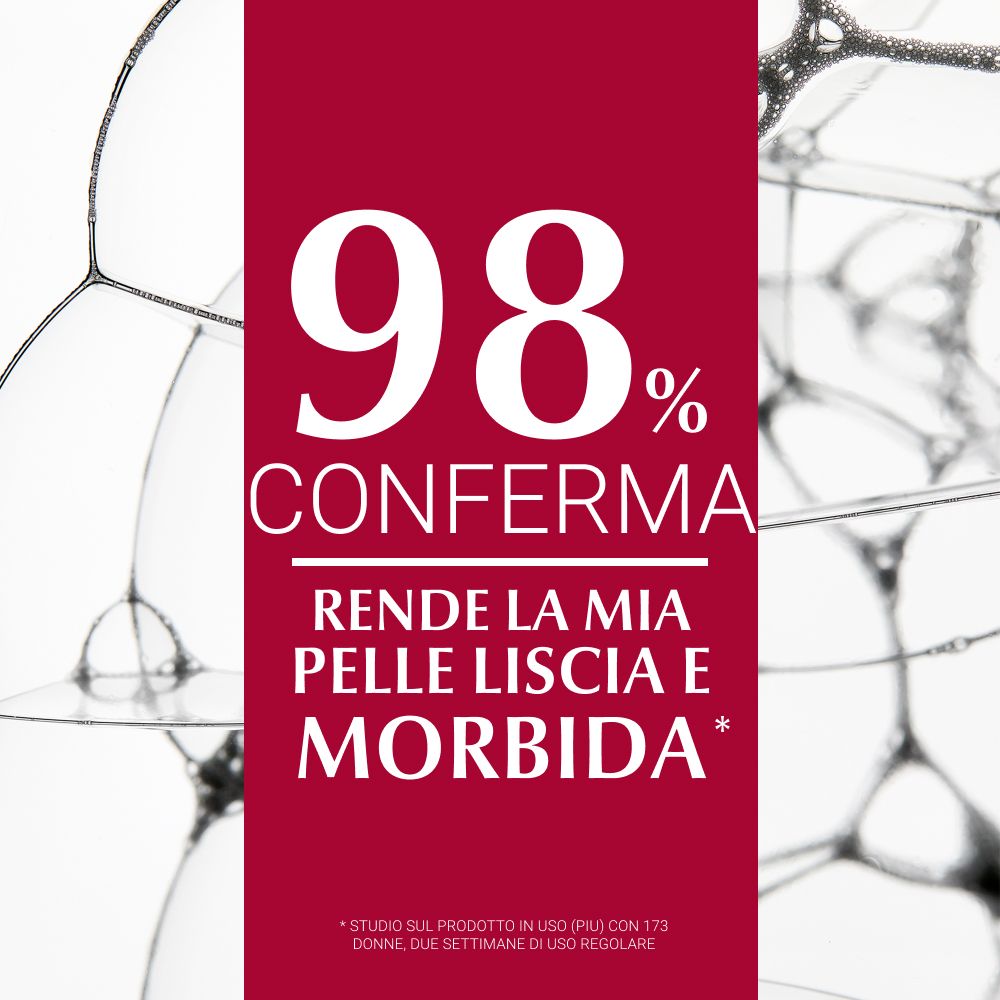 Roter Hintergrund mit Seifenblasen und Text: '98% conferma rende la mia pelle liscia e morbida'.