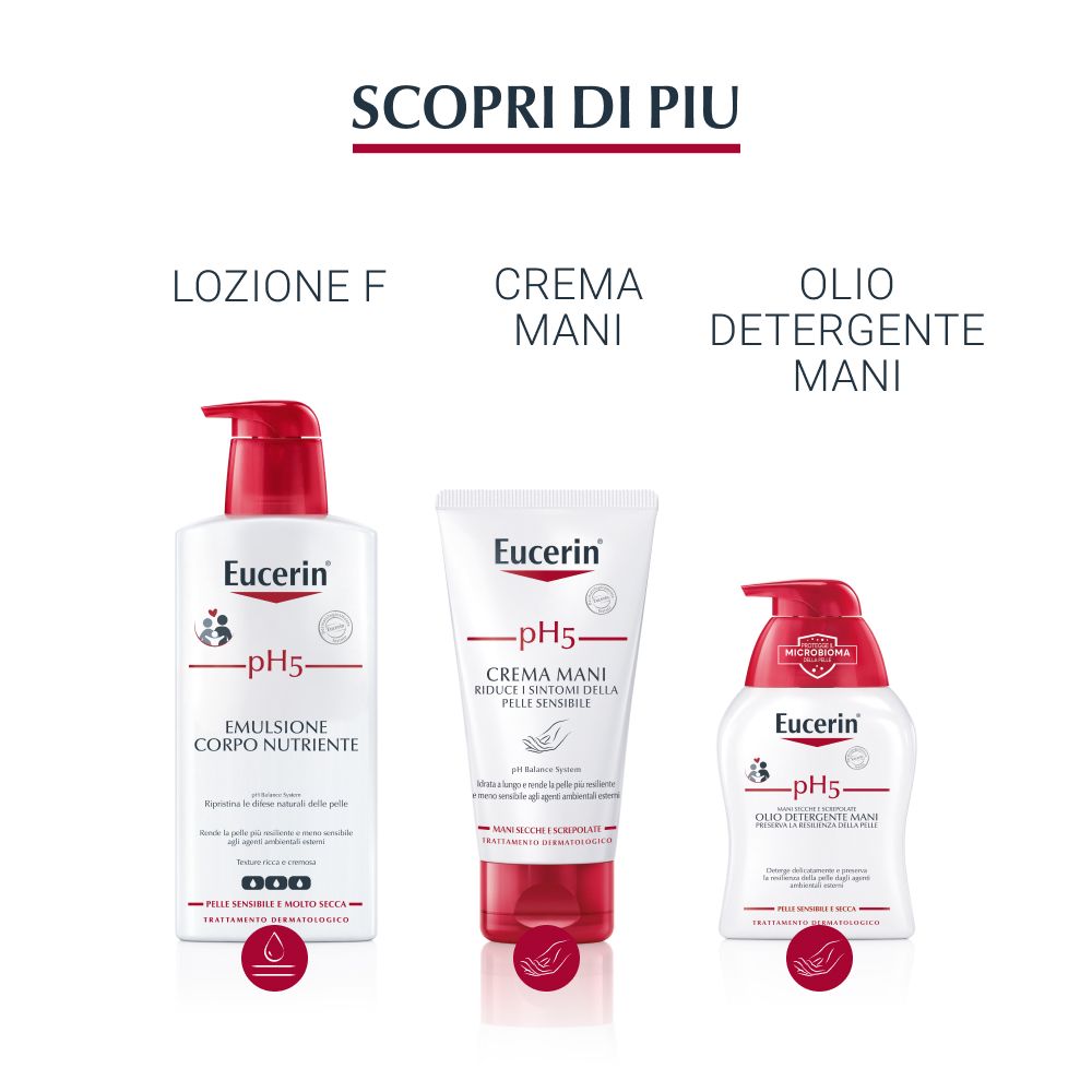 Drei Eucerin pH5 Produkte: Lotion, Handcreme und Reinigungsöl.