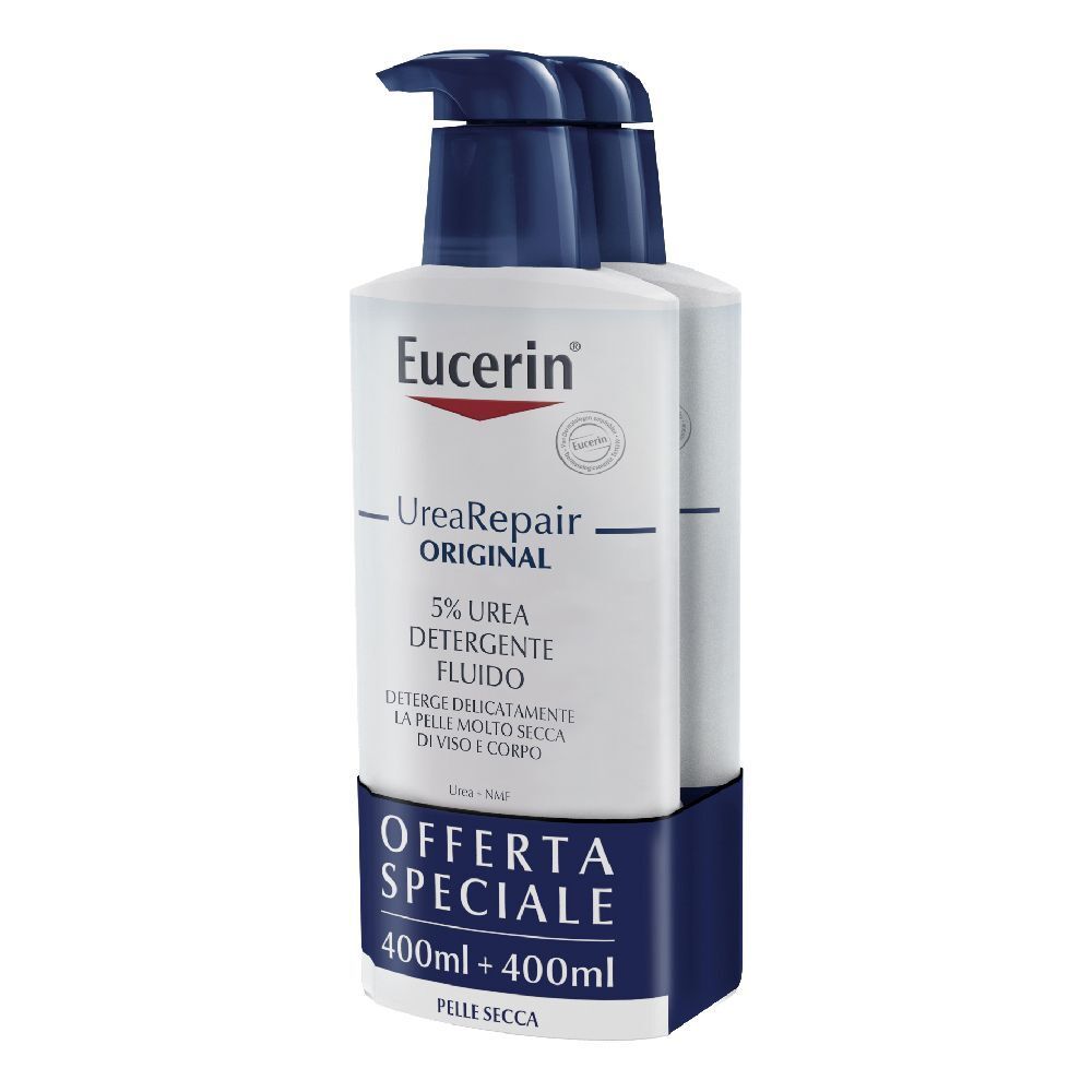 Deux flacons de nettoyant liquide Eucerin UreaRepair. Flacons blancs avec pompe bleue. Inscription : 5% Urée, Offre spéciale.