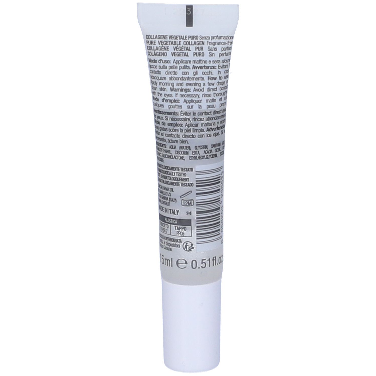 Dos d'un tube avec bouchon blanc. Texte multilingue. Volume: 15ml. Fabriqué en Italie.