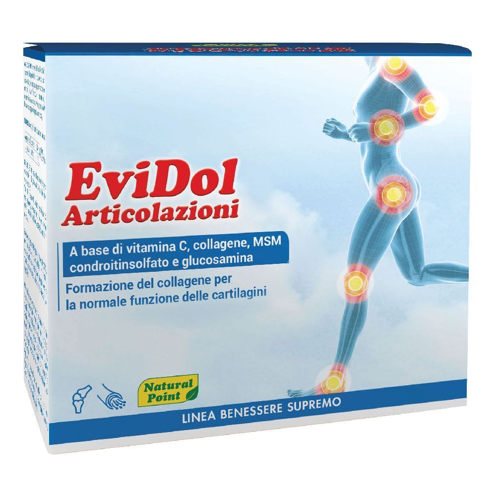 Boîte bleue et blanche avec nom du produit et illustration d'une personne. Contient de la vitamine C, du collagène, du MSM, du chondroïtine sulfate et de la glucosamine.