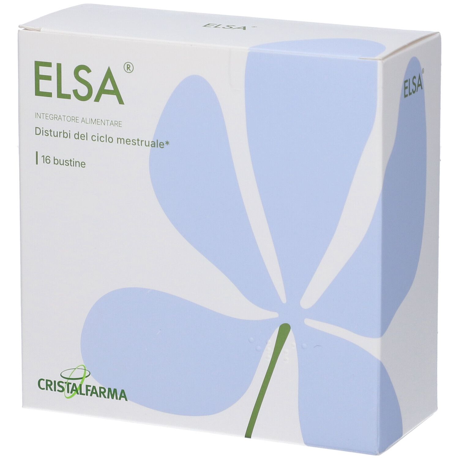 Boîte "ELSA" avec logo et motif floral. Texte : "Integratore alimentare", "16 bustine". Marque : CristalFarma.