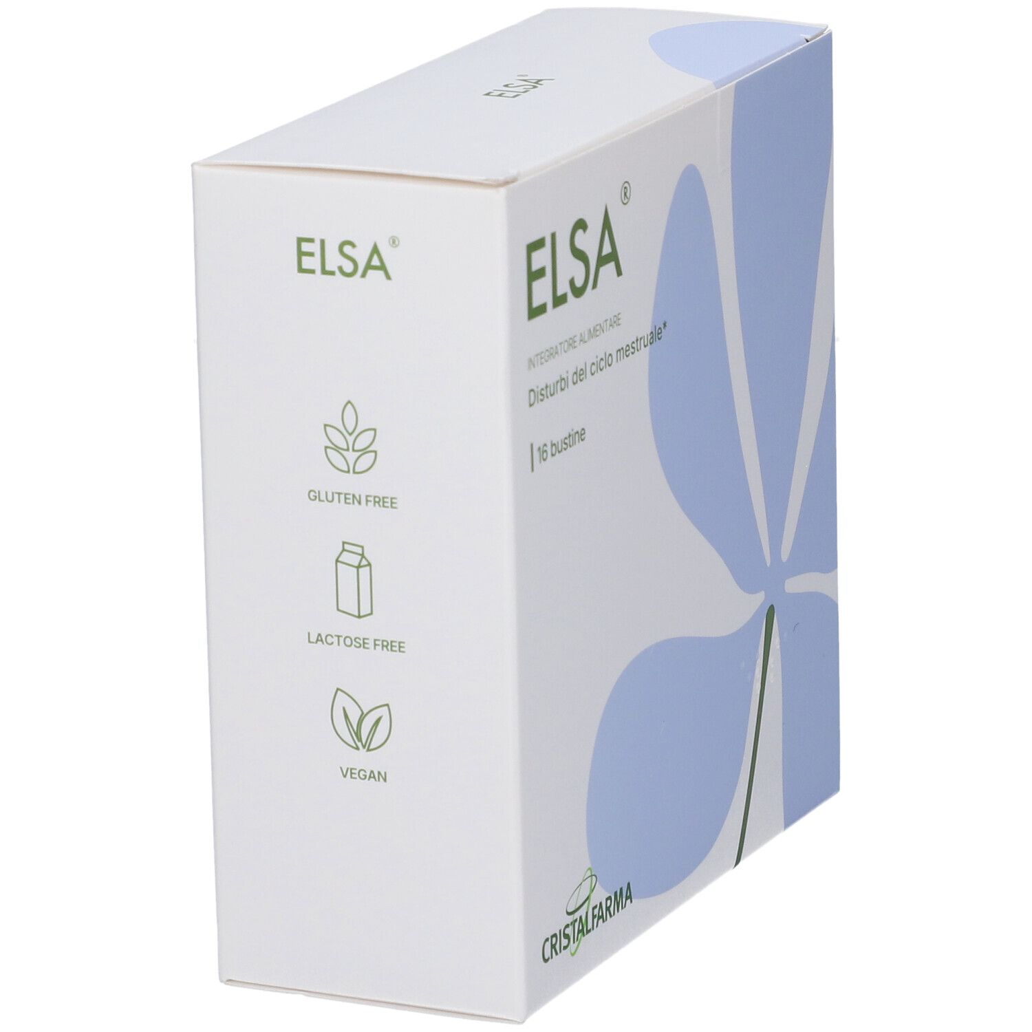 Boîte blanche avec logo "ELSA". Inscriptions : Sans gluten, Sans lactose, Vegan. Marque : CristalFarma. Motif floral.