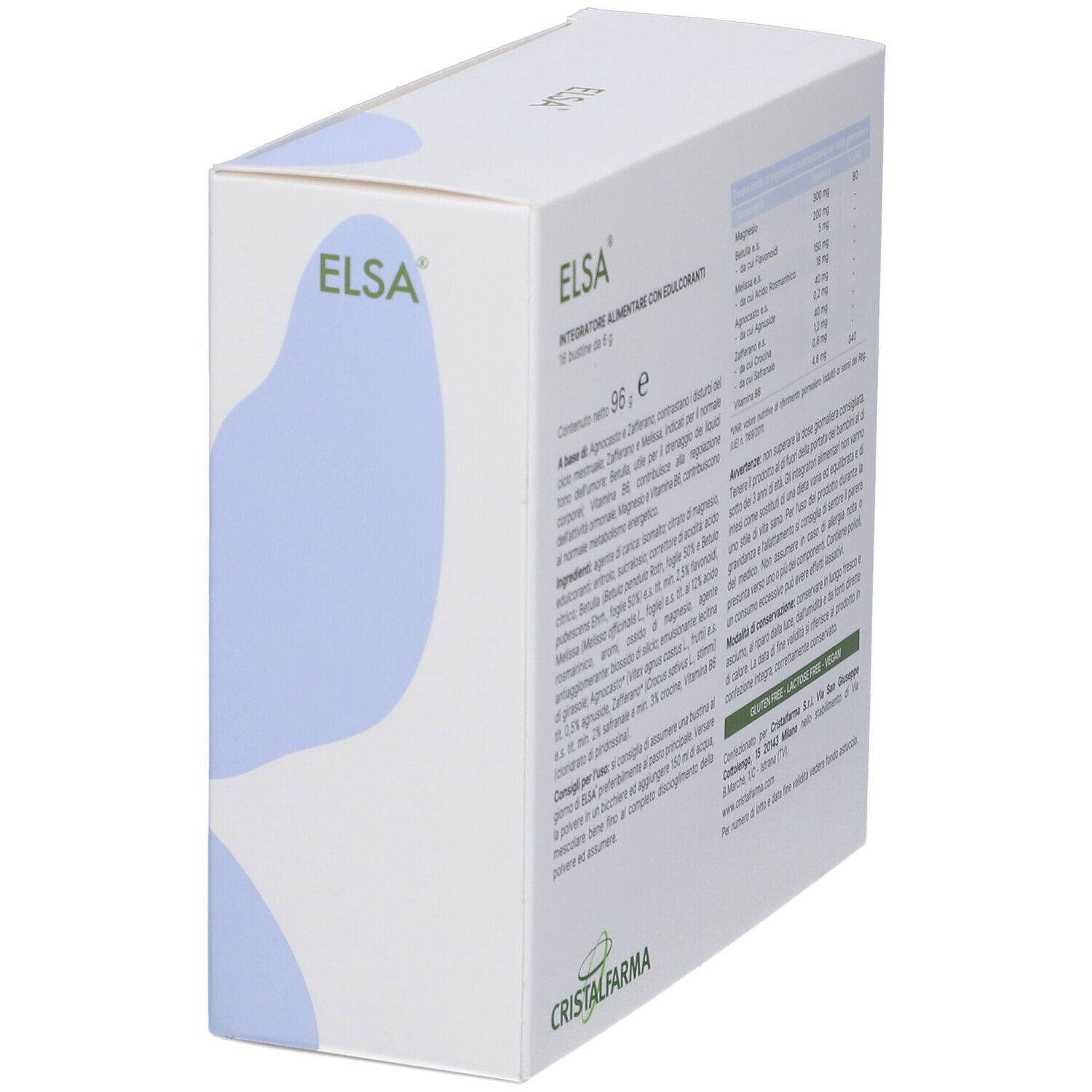 Boîte "ELSA" avec motif floral. Texte : "Integratore alimentare con edulcoranti", "16 bustine". Marque : CristalFarma.
