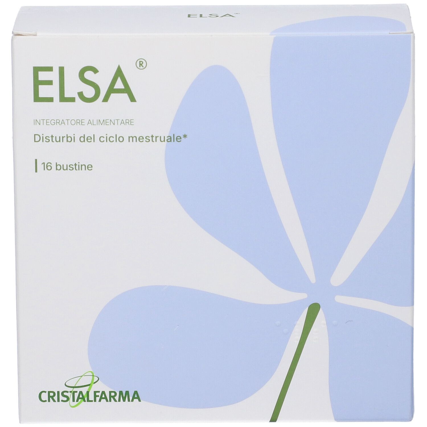 Boîte "ELSA" avec logo et motif floral. Texte : "Integratore alimentare", "16 bustine". Marque : CristalFarma.