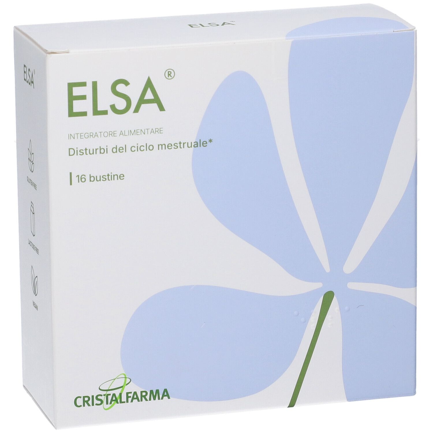 Boîte "ELSA" avec logo et motif floral. Texte : "Integratore alimentare", "16 bustine". Marque : CristalFarma.