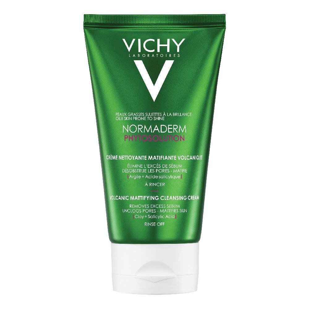 Tube vert avec bouchon blanc. Inscriptions: VICHY, Normaderm Phytosolution. Texte en français et anglais. Nom du produit.
