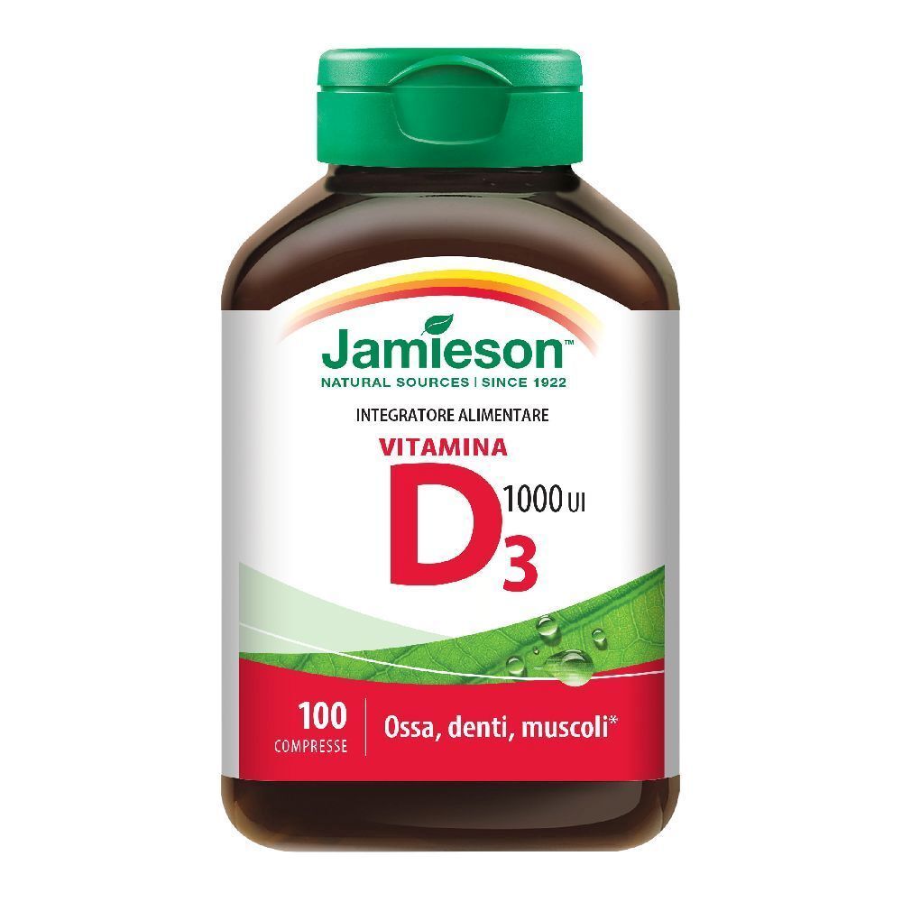Braune Flasche mit grünem Deckel. Aufschrift: Jamieson, Vitamin D3 1000 UI. 100 Tabletten. Für Knochen, Zähne, Muskeln.