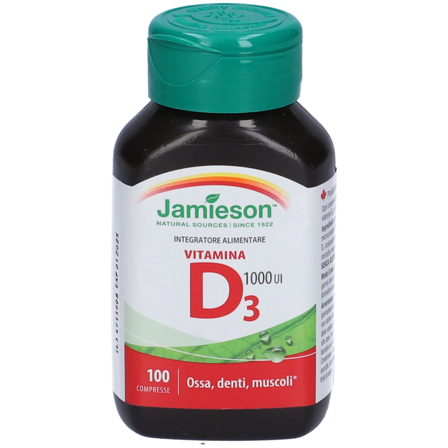 Braune Flasche mit grünem Deckel. Aufschrift: Jamieson, Vitamin D3 1000 UI. 100 Tabletten. Für Knochen, Zähne, Muskeln.