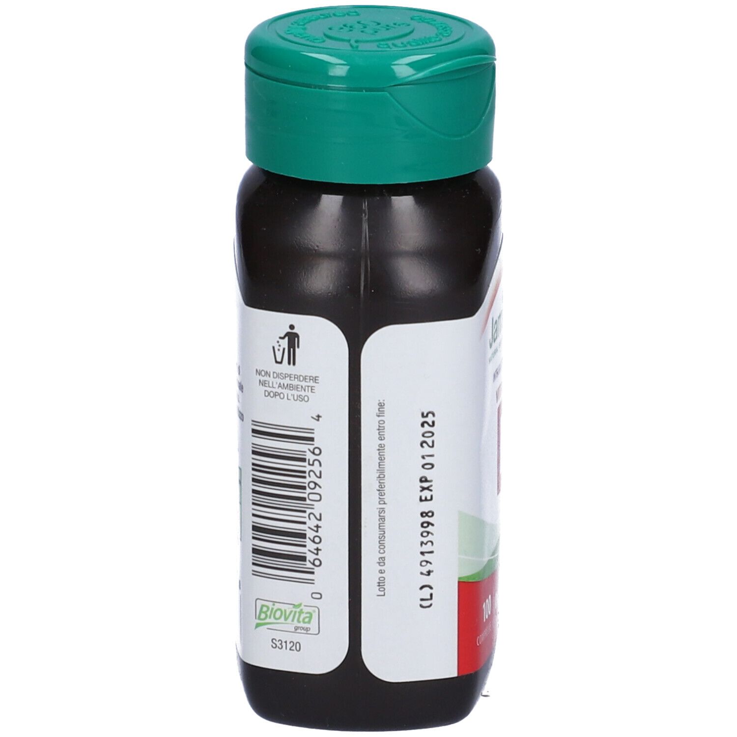 Braune Flasche mit grünem Deckel. Rückseite mit Barcode und Text. Aufschrift: Nicht in die Umwelt entsorgen.