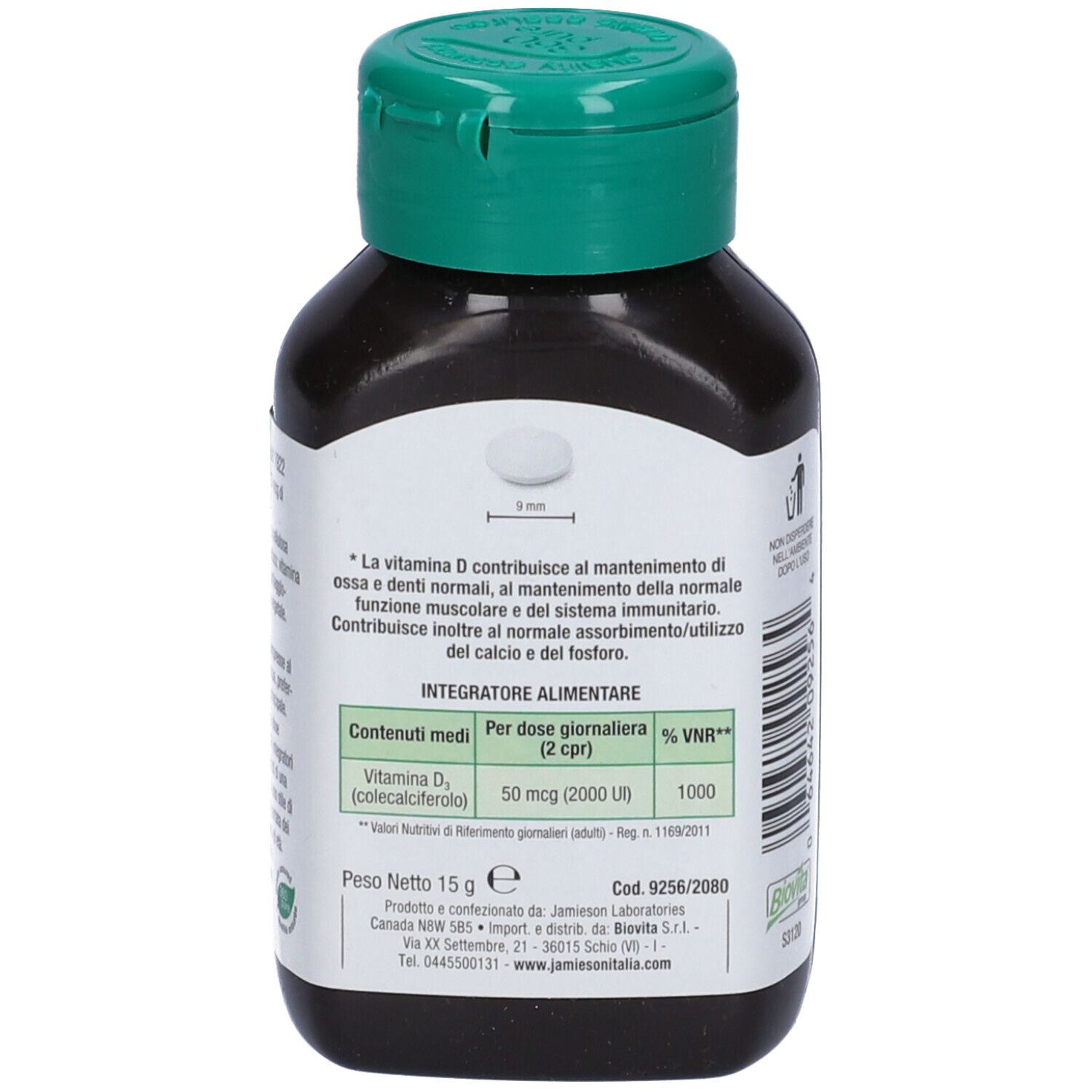 Braune Flasche mit grünem Deckel. Rückseite mit Text und Nährwertangaben. Aufschrift: Vitamin D3 50 mcg (2 cpr).