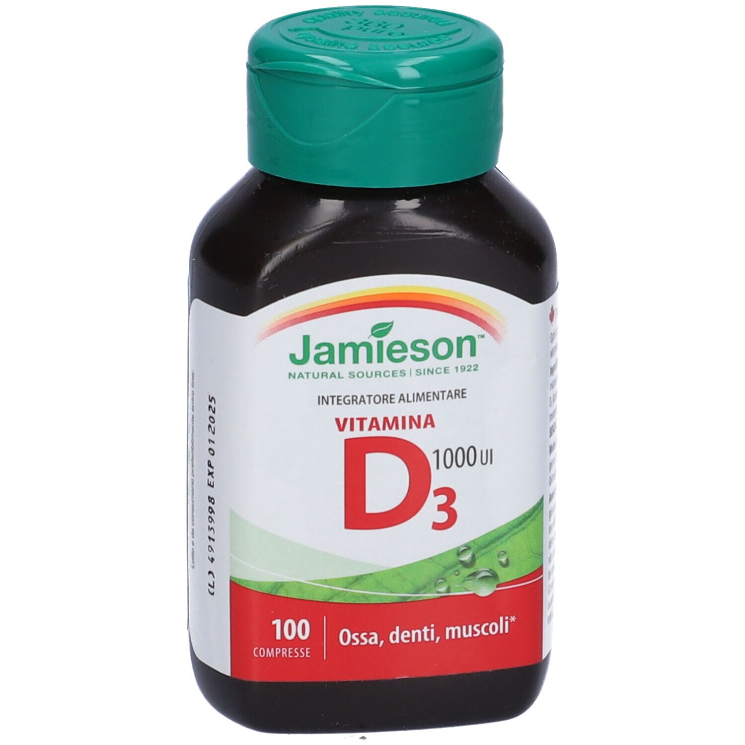 Braune Flasche mit grünem Deckel. Aufschrift: Jamieson, Vitamin D3 1000 UI. 100 Tabletten. Für Knochen, Zähne, Muskeln.