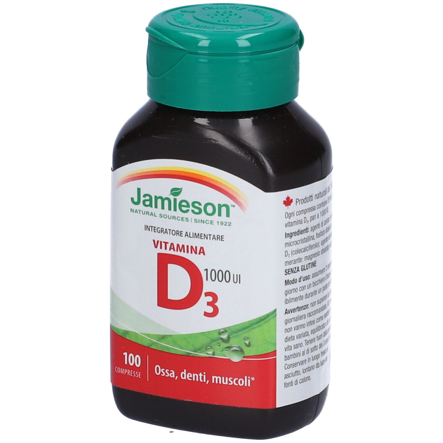 Braune Flasche mit grünem Deckel. Aufschrift: Jamieson, Vitamin D3 1000 UI. 100 Tabletten. Ohne Gluten.