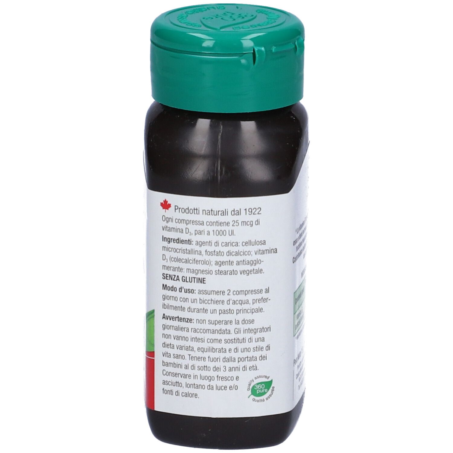 Braune Flasche mit grünem Deckel. Rückseite mit Text. Aufschrift: 25 mcg Vitamin D3 pro Tablette. Ohne Gluten.