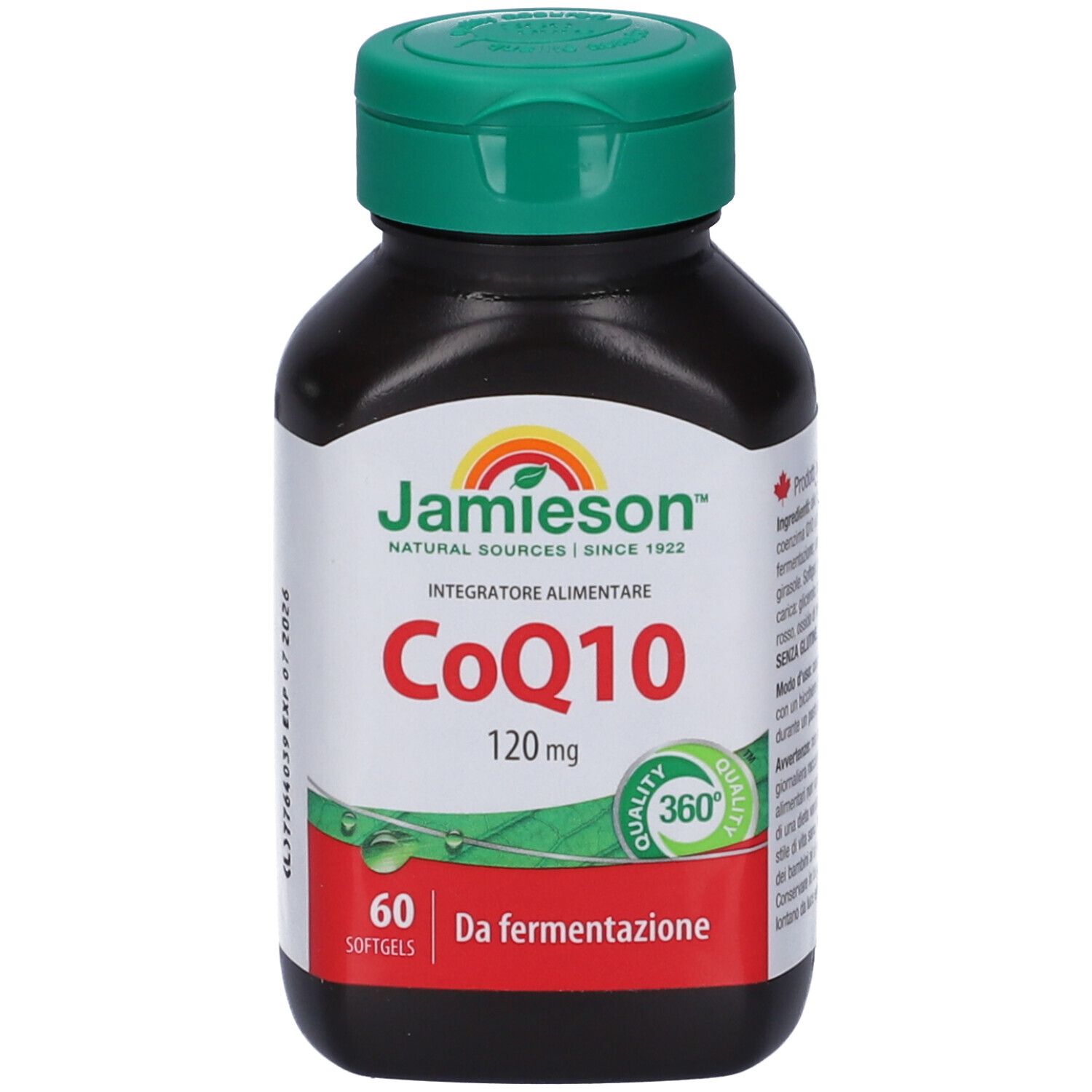 Flacon marron avec bouchon vert. Inscription: Jamieson CoQ10 120mg, 60 gélules. Label de qualité.