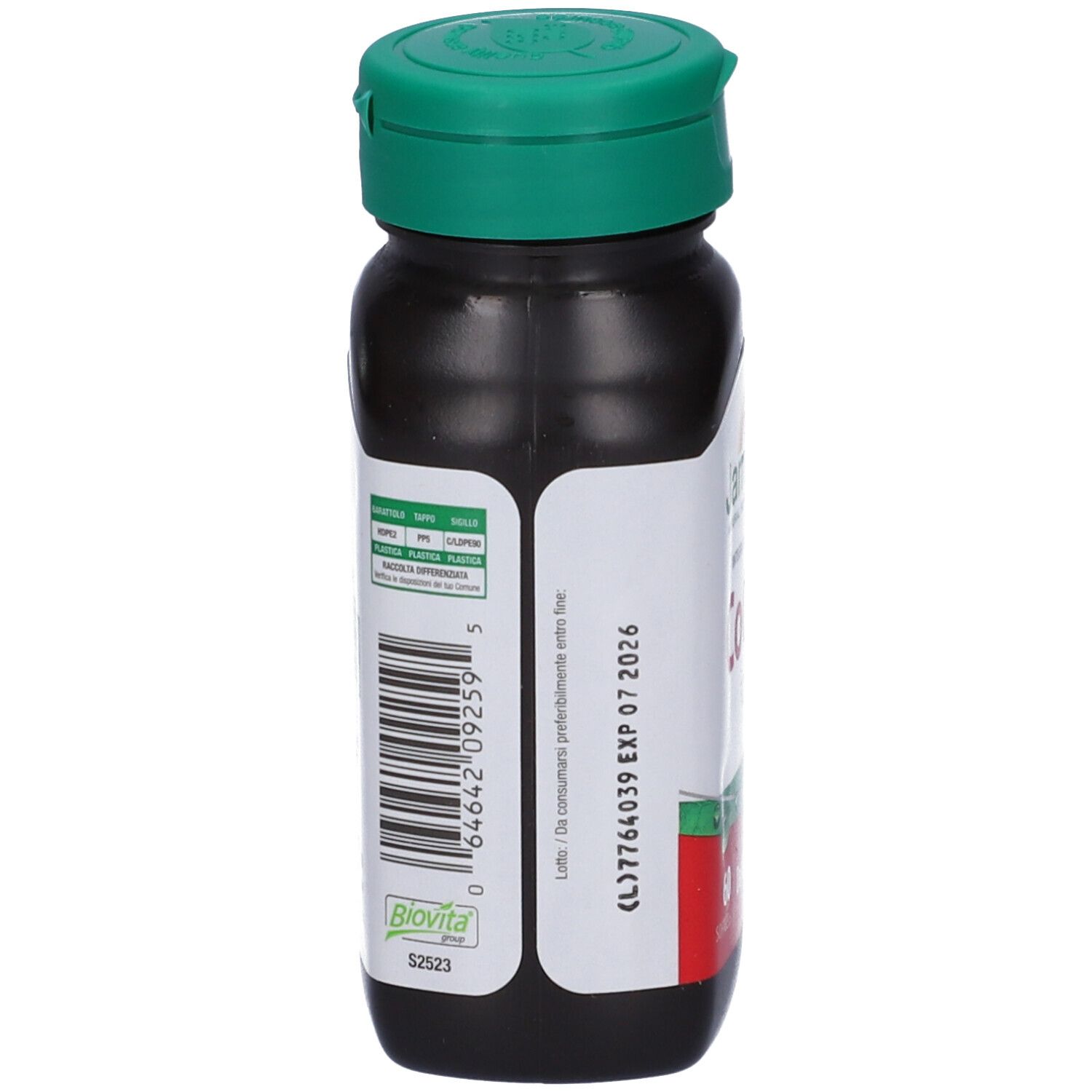 Flacon marron avec bouchon vert. Code-barres et informations au dos. Logo Biovita.