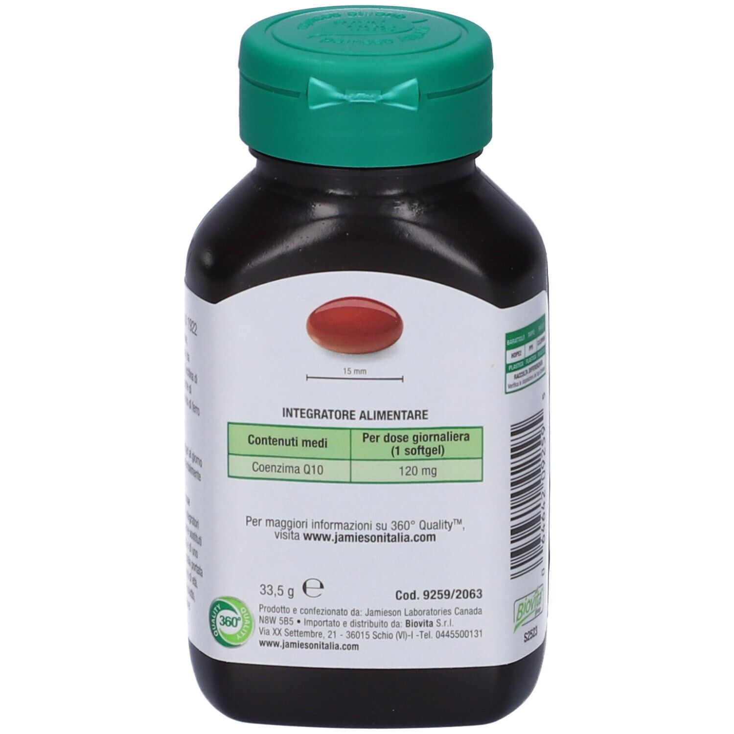 Flacon marron avec bouchon vert. Dos avec ingrédients et Coenzima Q10. 360° Quality.