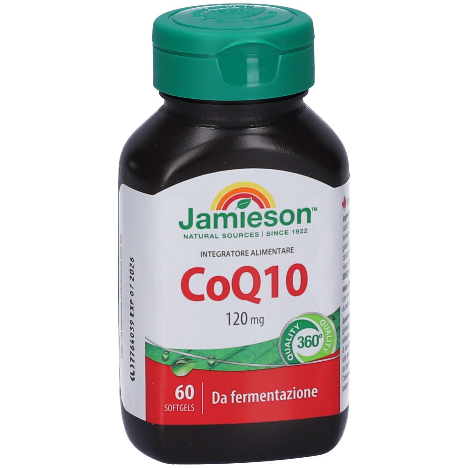 Flacon marron avec bouchon vert. Inscription: Jamieson CoQ10 120mg, 60 gélules. Label de qualité.