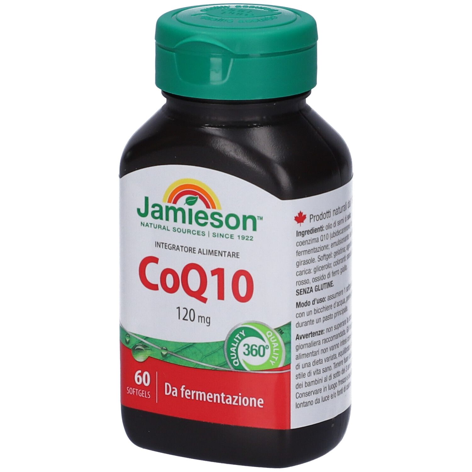 Flacon marron avec bouchon vert. Inscription: Jamieson CoQ10 120mg, 60 gélules. Sans gluten.
