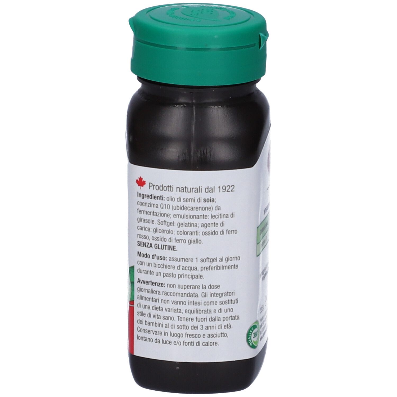 Flacon marron avec bouchon vert. Dos avec ingrédients et instructions d'utilisation. Sans gluten.