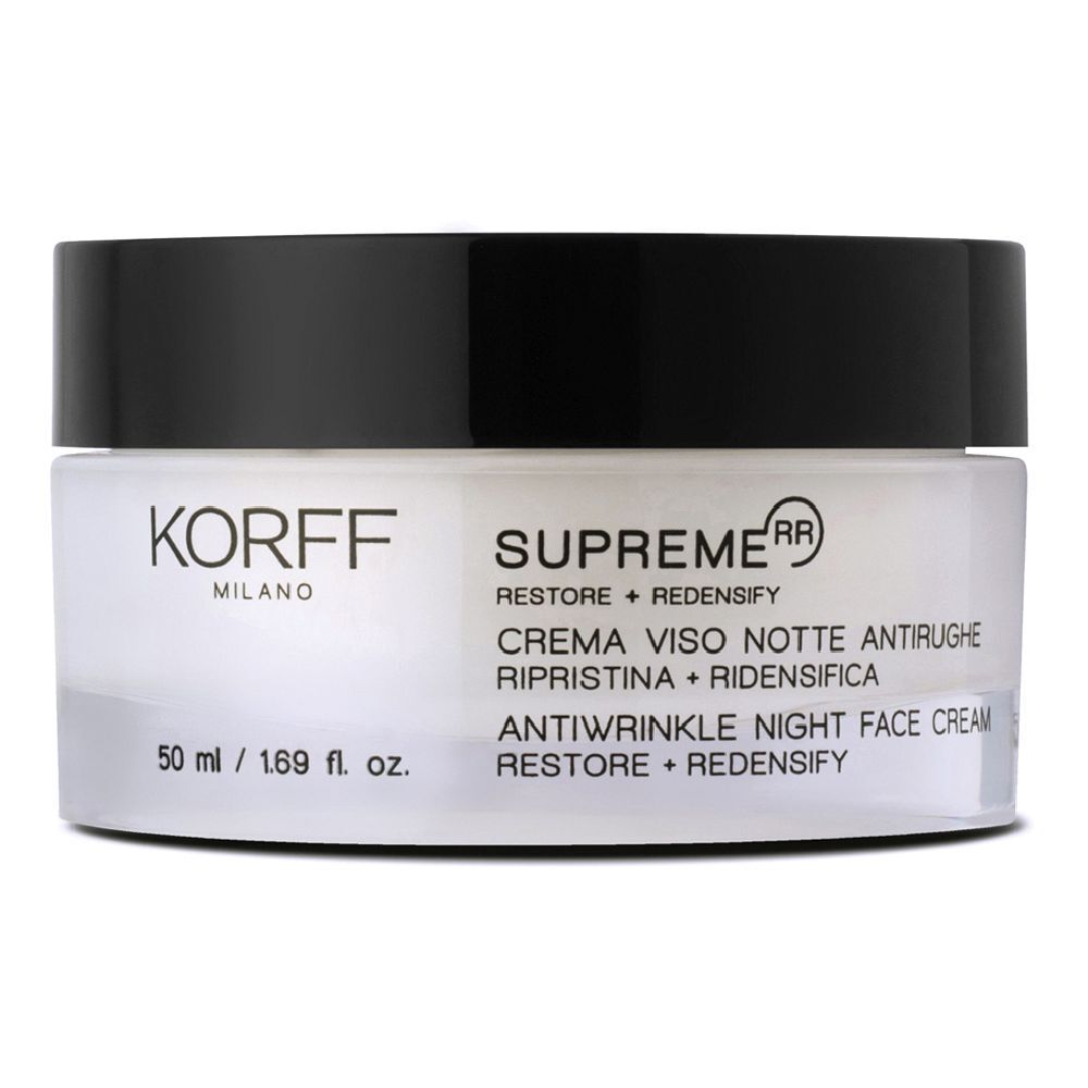 Pot de crème avec couvercle noir. Inscription: KORFF, SUPREME RR, crème de nuit anti-rides. 50 ml.