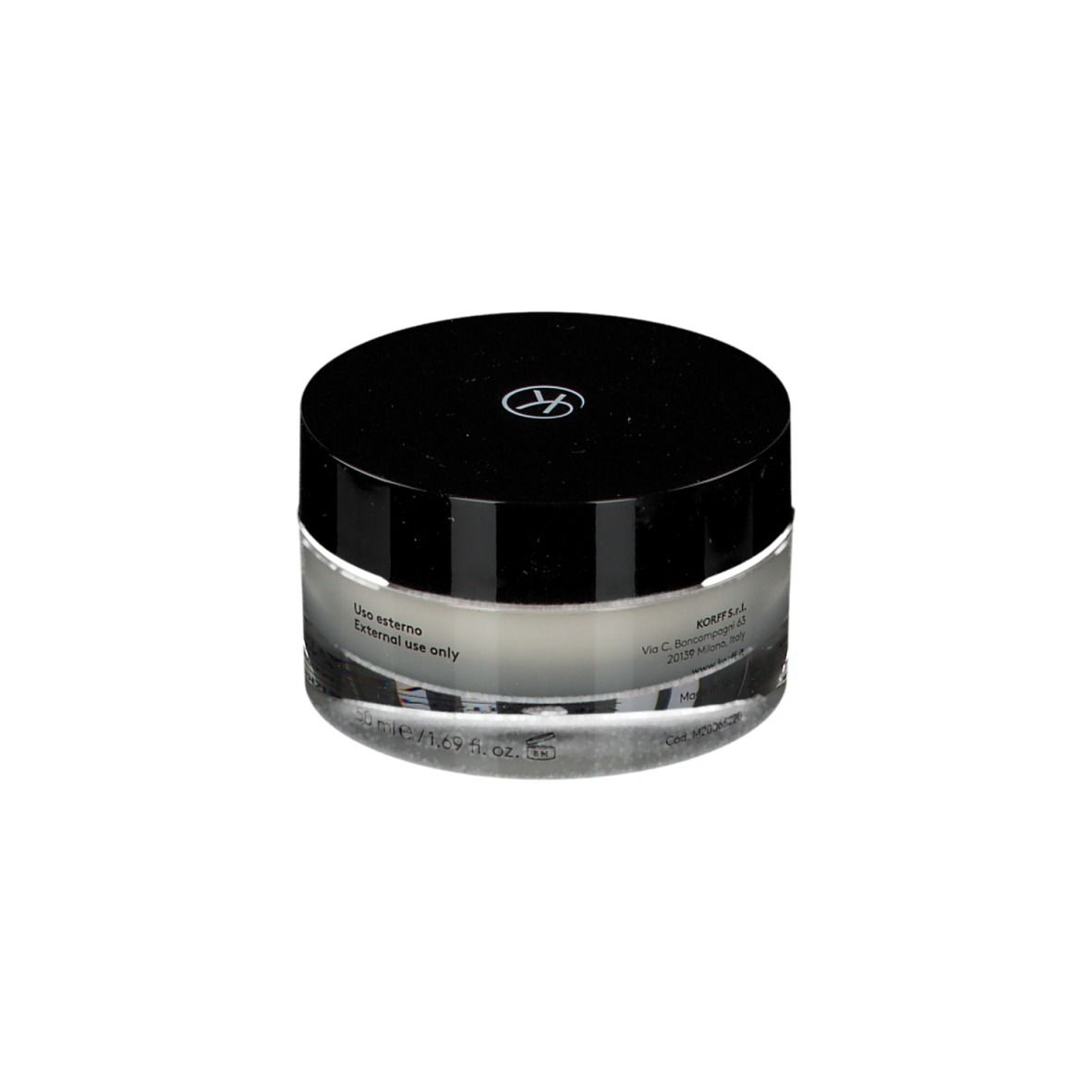 Pot de crème avec couvercle noir. Inscription: KORFF, Supreme, crème de nuit anti-âge.