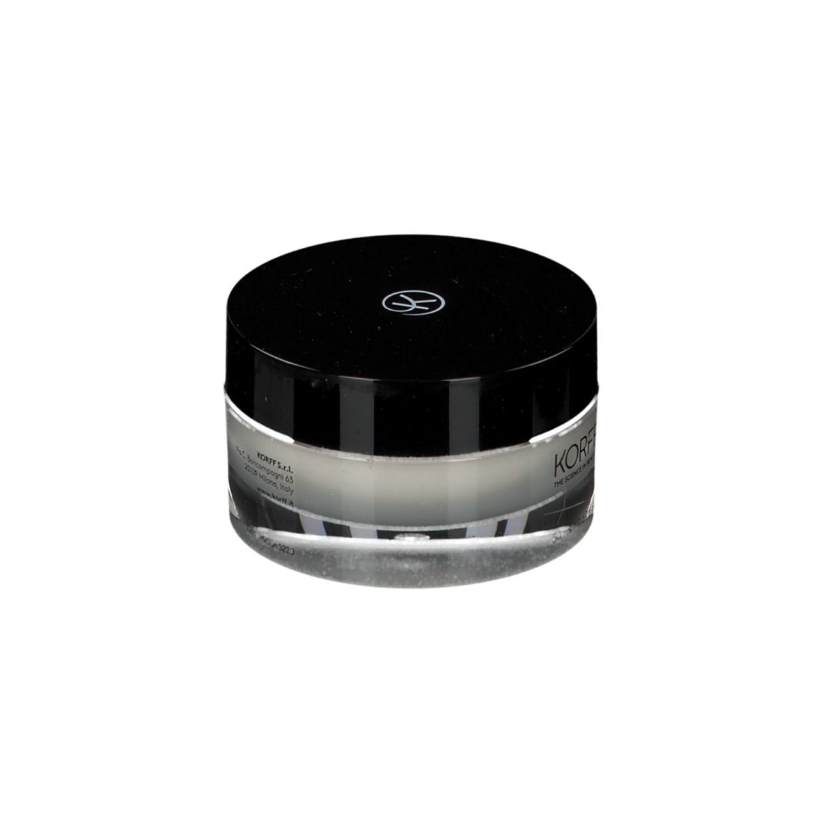 Pot de crème avec couvercle noir. Inscription: KORFF, Supreme, crème de nuit anti-âge.