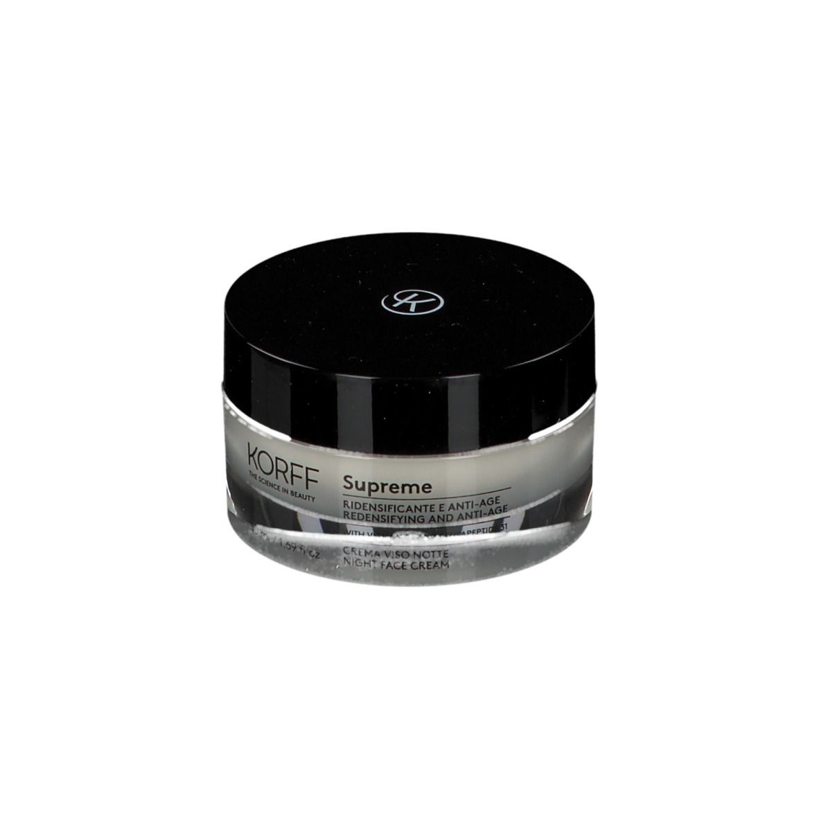 Pot de crème avec couvercle noir. Inscription: KORFF, Supreme, crème de nuit anti-âge.