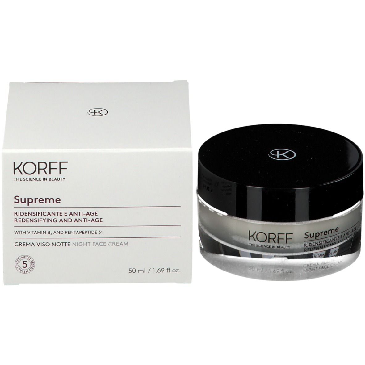 Emballage et pot de crème. Inscription: KORFF, Supreme, crème de nuit anti-âge. 50 ml.
