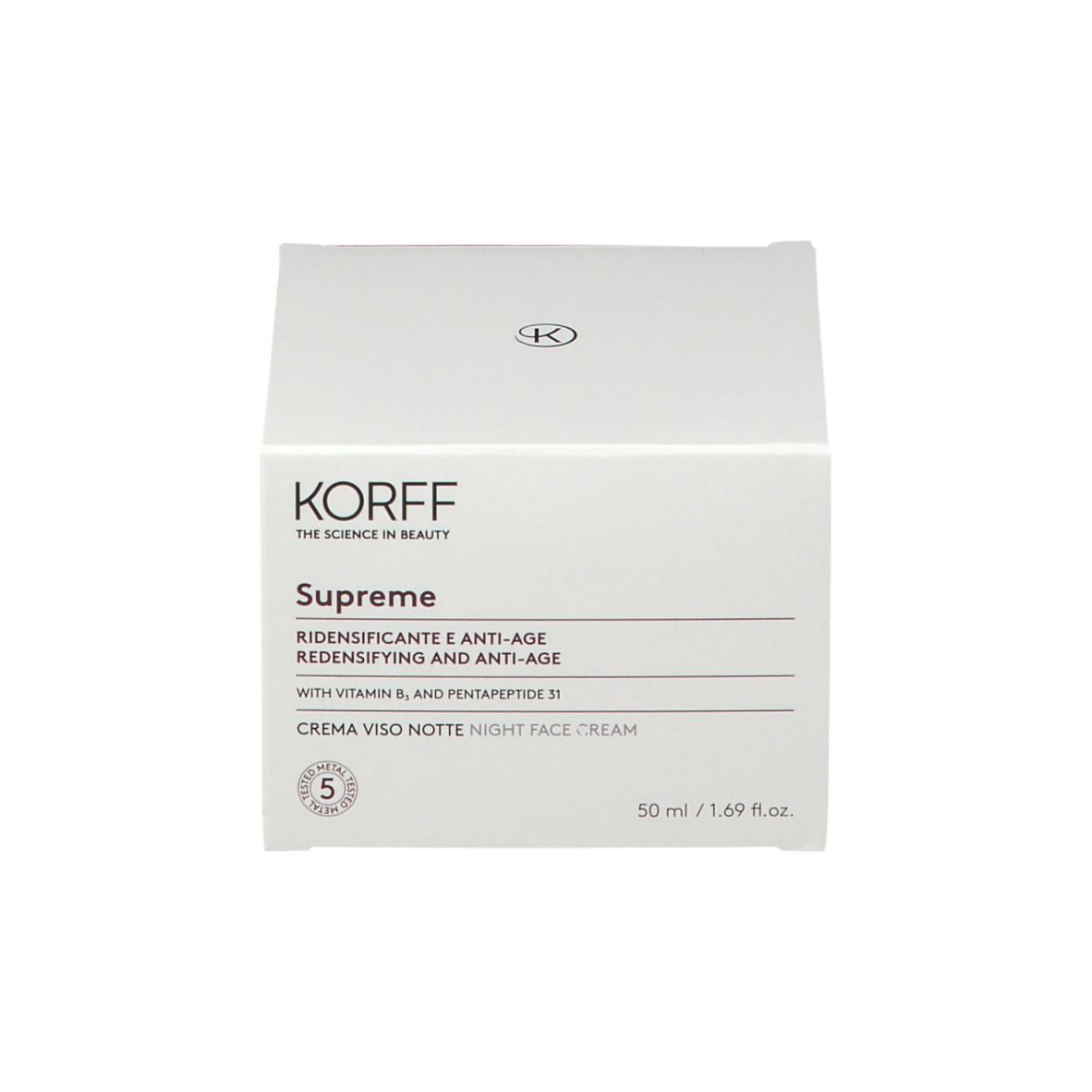 Emballage du produit. Inscription: KORFF, Supreme, crème de nuit anti-âge. 50 ml.