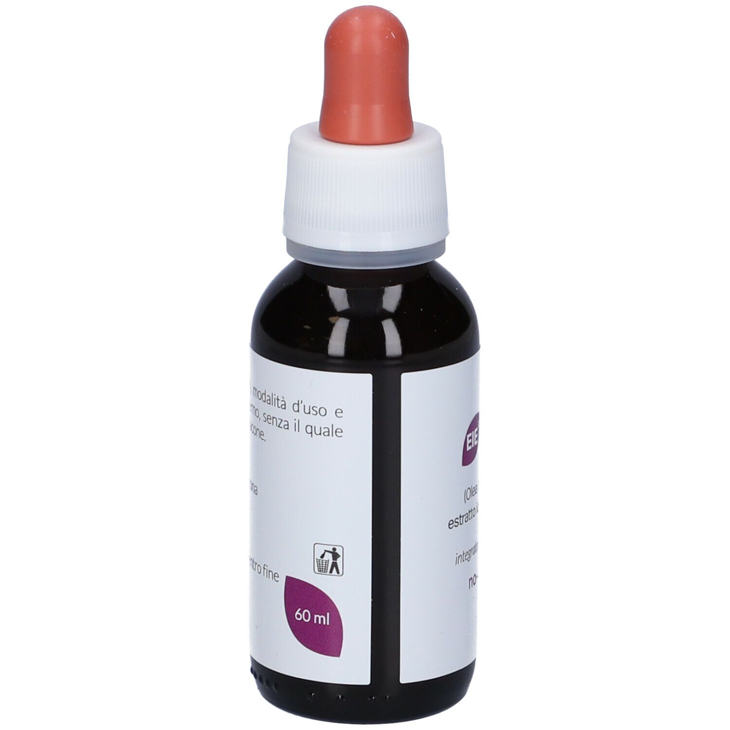 Flacon en verre brun avec bouchon blanc et pipette rouge. Étiquette avec texte et indication 60 ml. Nom du produit non visible.