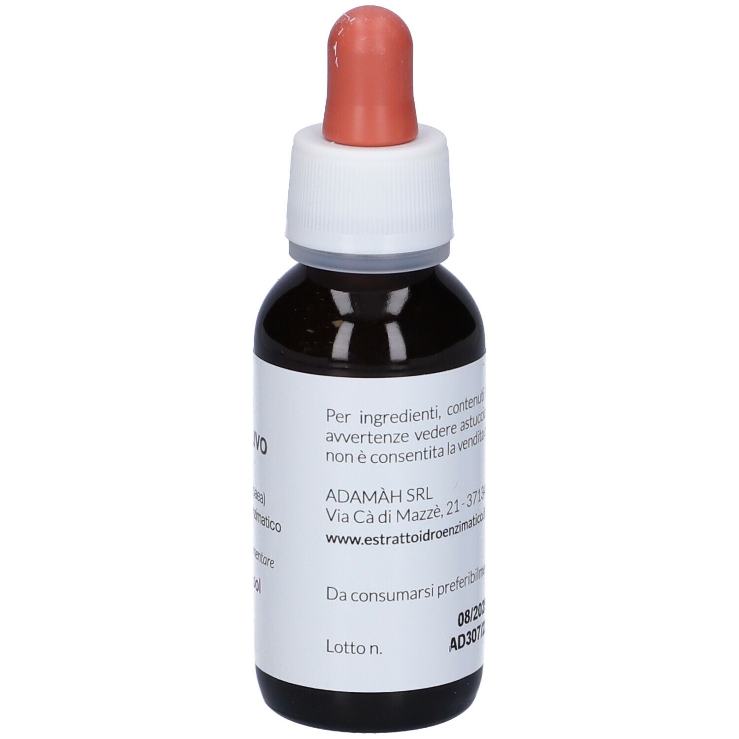 Flacon en verre brun avec bouchon blanc et pipette rouge. Étiquette avec texte. Nom du produit non visible.