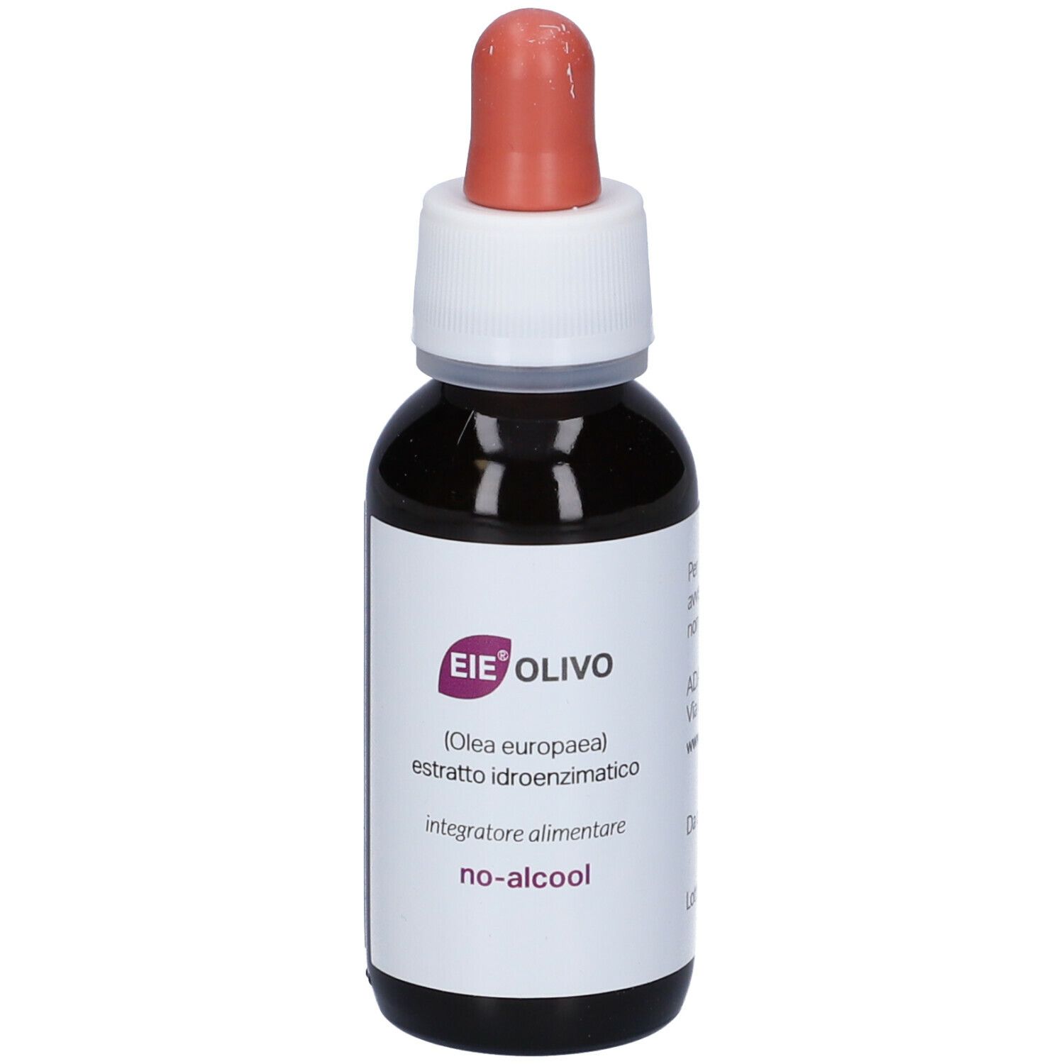 Flacon en verre brun avec bouchon blanc et pipette rouge. Étiquette avec nom du produit EIE Olivo et texte. Sans alcool.