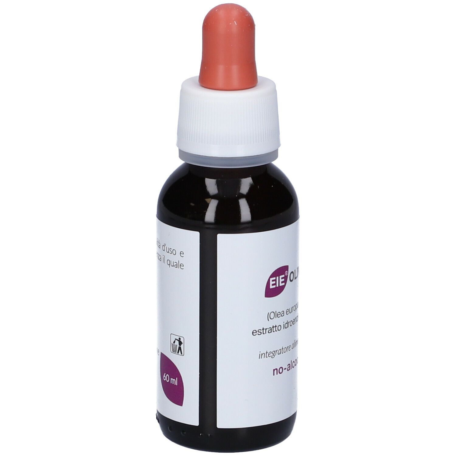 Flacon en verre brun avec bouchon blanc et pipette rouge. Étiquette avec nom du produit EIE Olivo et texte. 60 ml.