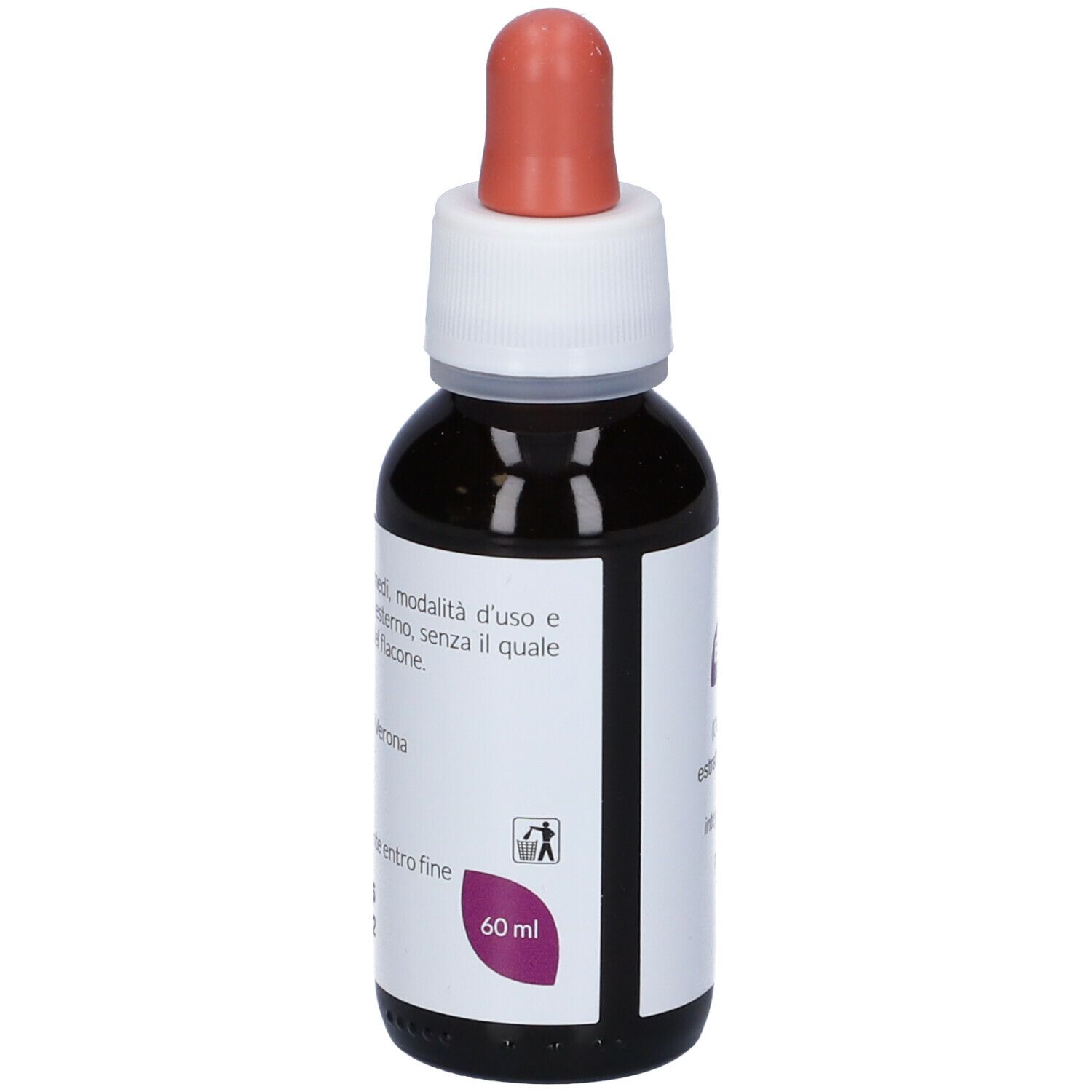 Flacon en verre brun avec bouchon blanc et pipette rouge. Étiquette avec texte et indication 60 ml. Nom du produit non visible.