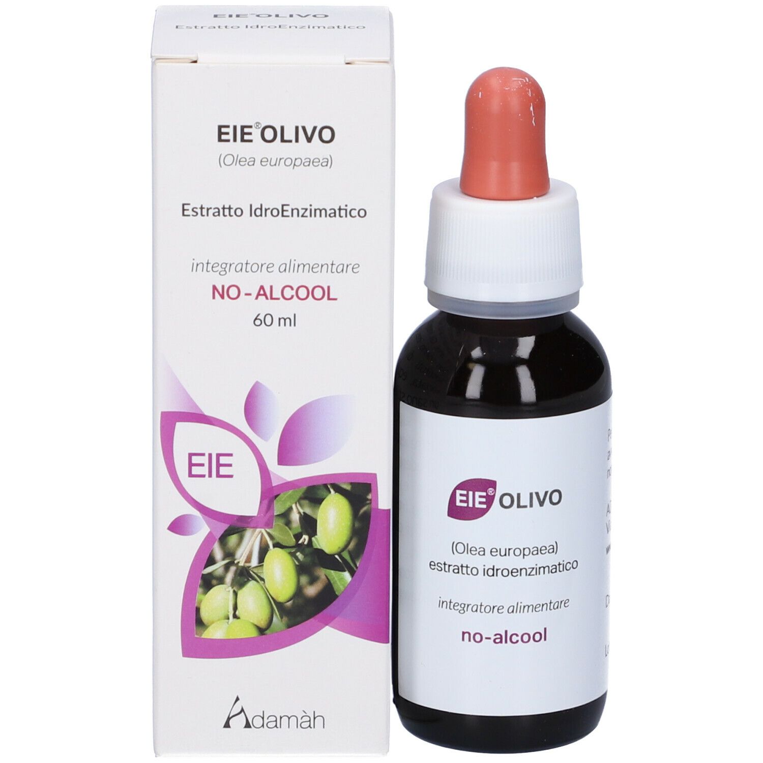 Flacon et emballage du produit. Flacon avec pipette rouge. Emballage avec nom du produit EIE Olivo et texte. 60 ml.
