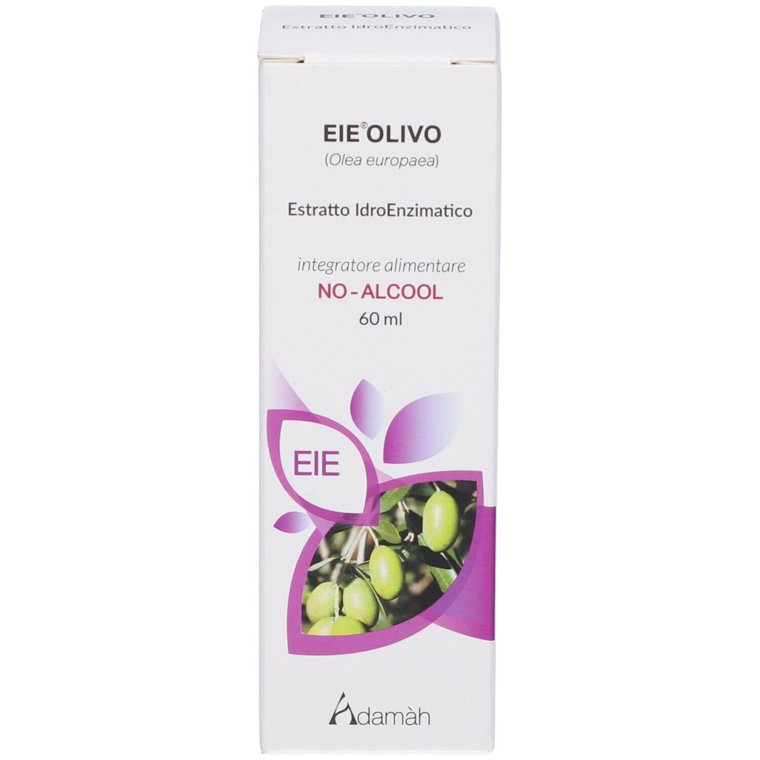 Emballage avec nom du produit EIE Olivo et texte. 60 ml. Illustration de branches d'oliviers.
