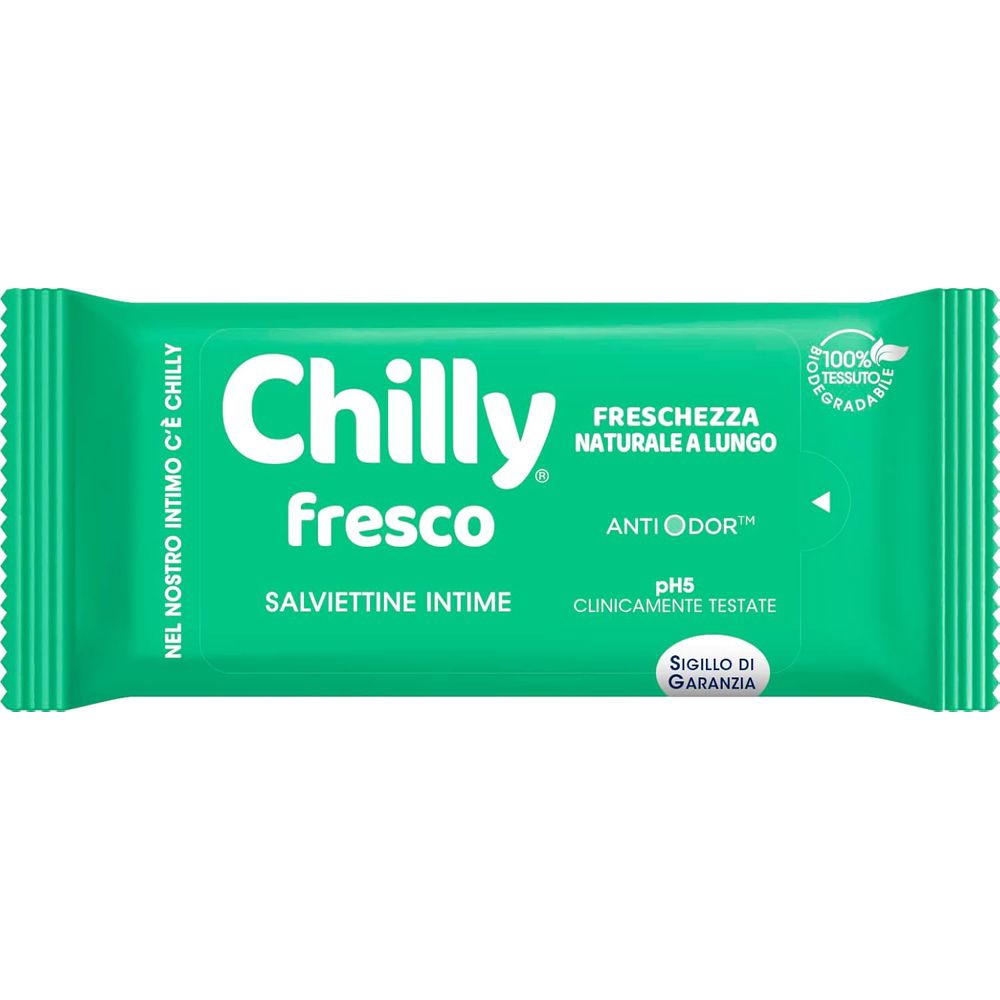 Grüne Verpackung mit Produktnamen und Schriftzug. Enthält 'Salviettine Intime'. Mit 'pH5' und 'Sigillo di Garanzia'.