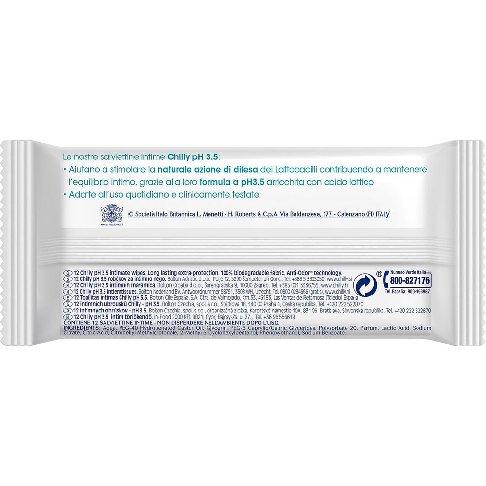 Rückseite der Chilly pH 3.5 Intim-Feuchttücher-Verpackung. Text in italienischer Sprache. Telefonnummer und Inhaltsstoffe.