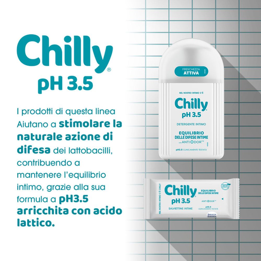 Werbebild mit Chilly pH 3.5 Produkten. Links Text, rechts ein Spender und ein einzelnes Feuchttuch. Türkis und weiß.