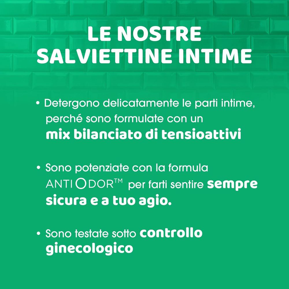 Texte sur fond vert. Titre: LE NOSTRE SALVIETTINE INTIME. Puces avec informations sur le produit. Le texte contient ANTI ODOR™.