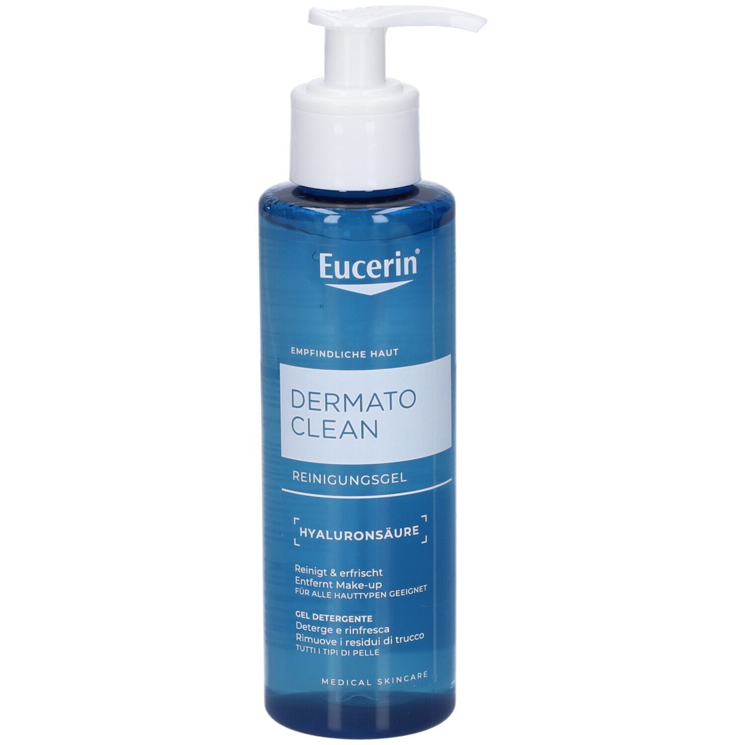 Gel nettoyant Eucerin DermatoClean à l'acide hyaluronique dans un flacon pompe bleu.
