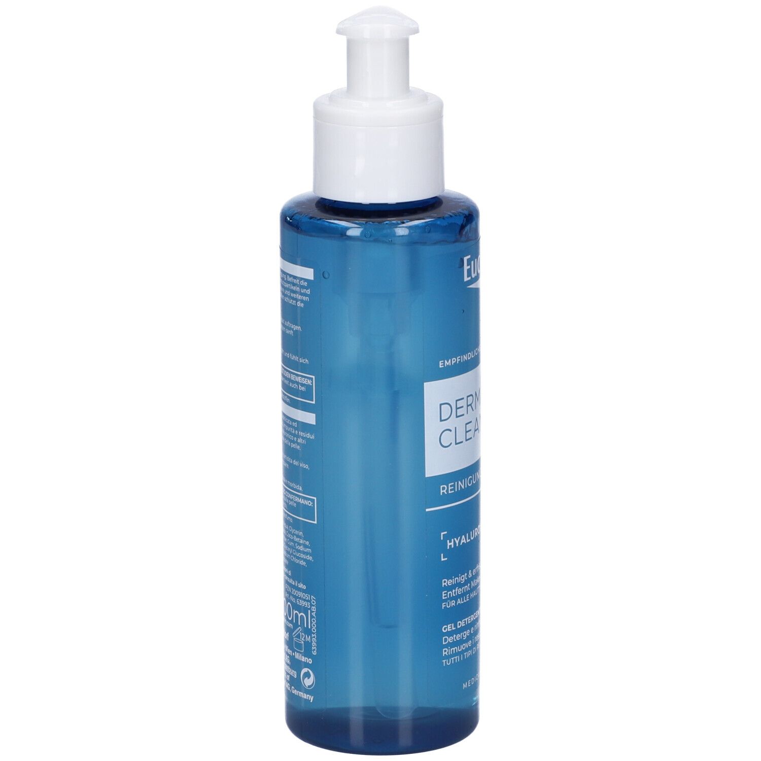 Arrière du flacon pompe de gel nettoyant Eucerin DermatoClean avec informations produit.