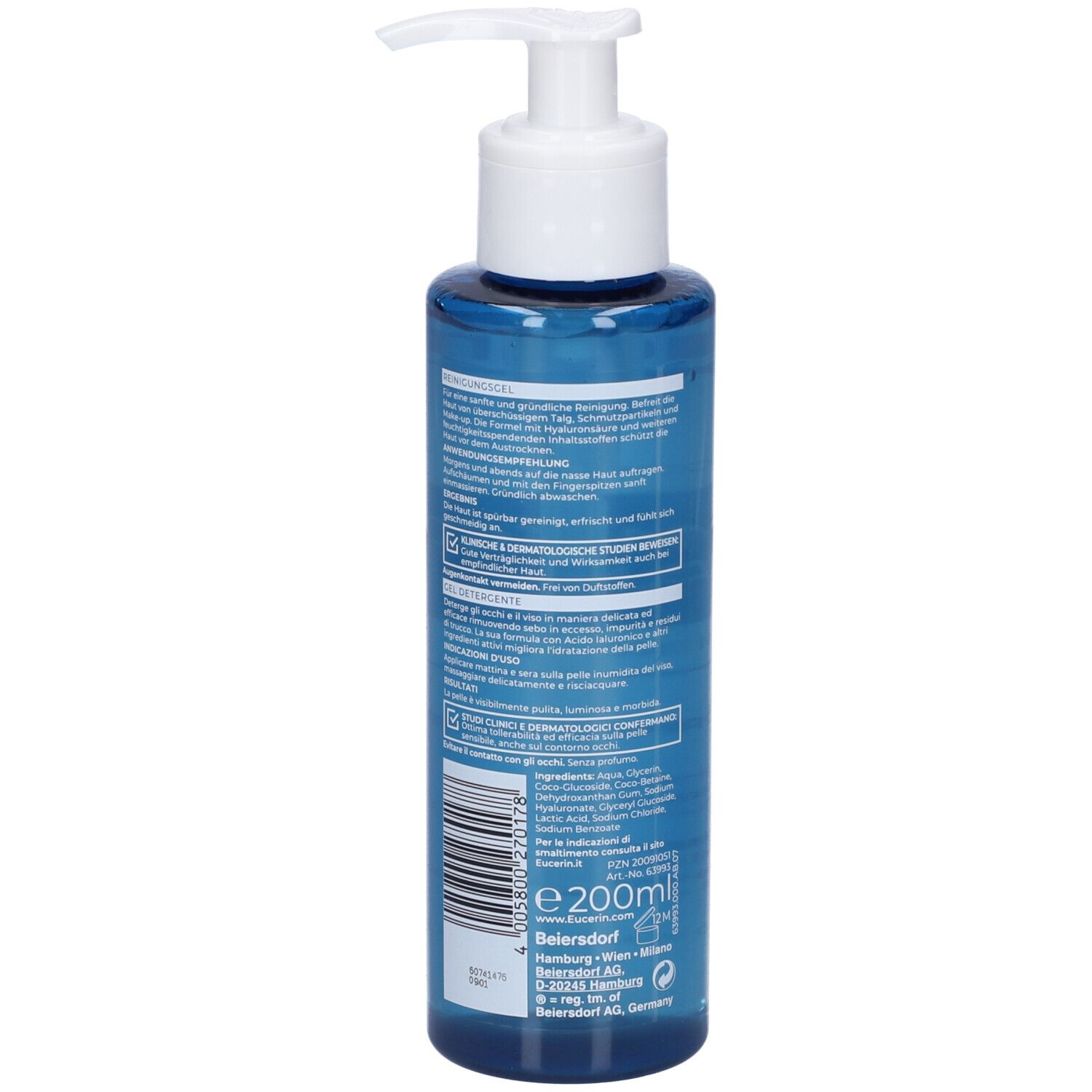 Arrière du flacon pompe Eucerin DermatoClean, indiquant 200ml et code-barres.