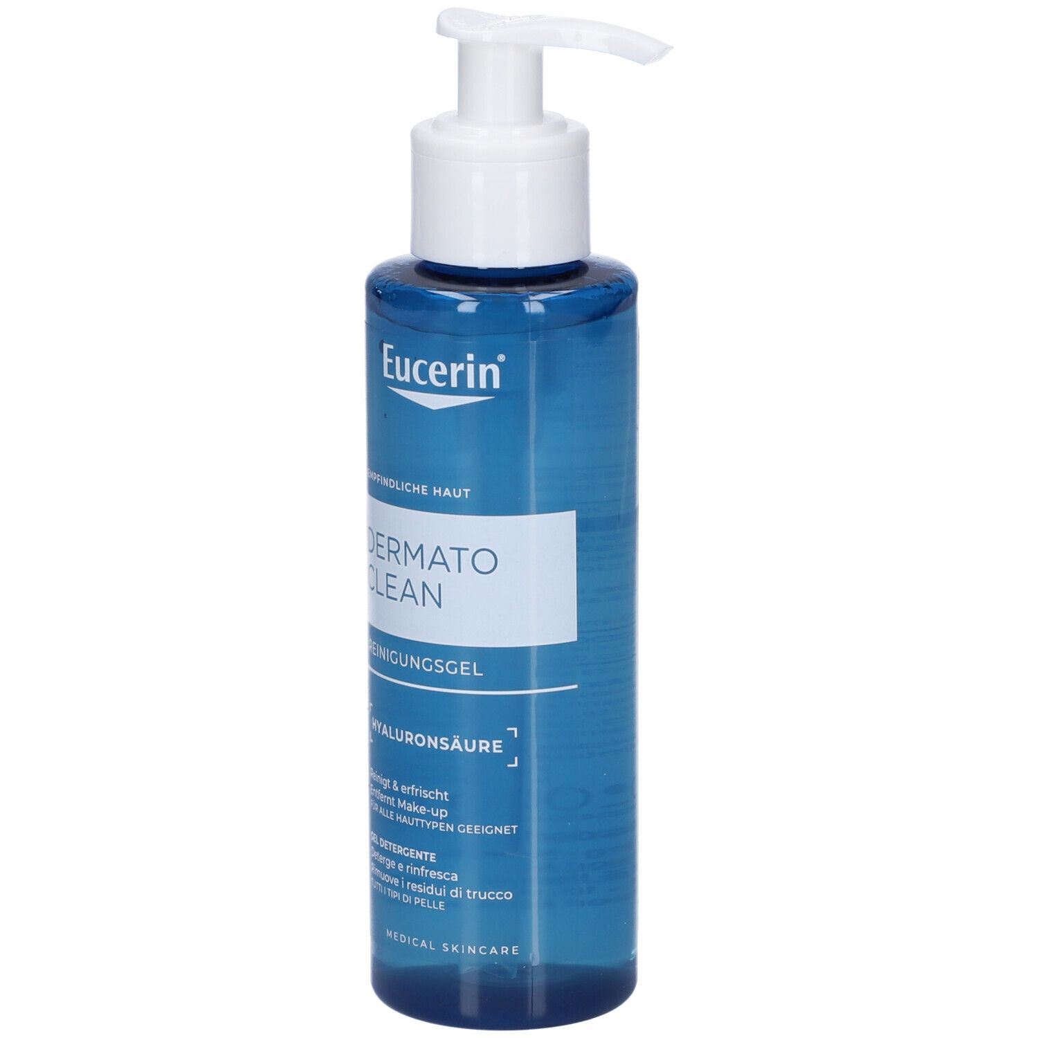 Gel nettoyant Eucerin DermatoClean à l'acide hyaluronique dans un flacon pompe bleu.