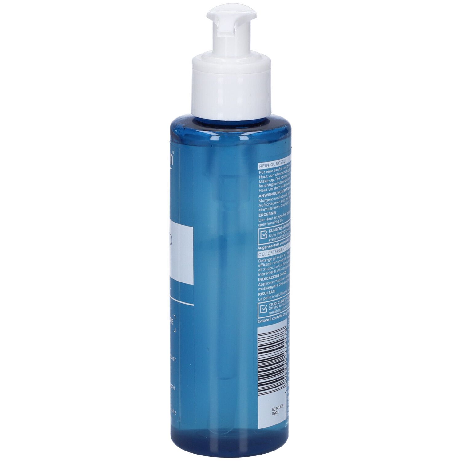 Arrière du flacon pompe de gel nettoyant Eucerin DermatoClean avec informations produit.