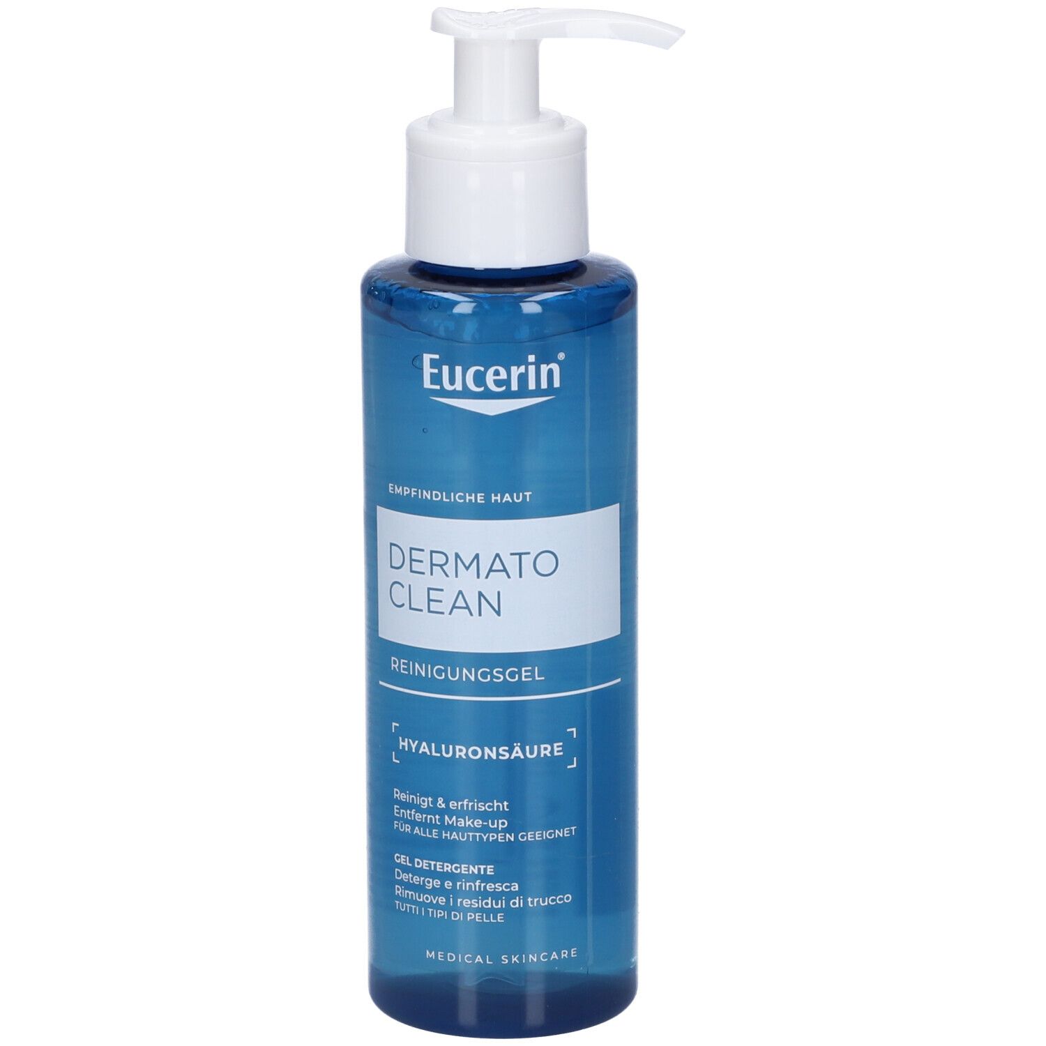 Gel nettoyant Eucerin DermatoClean à l'acide hyaluronique dans un flacon pompe bleu.