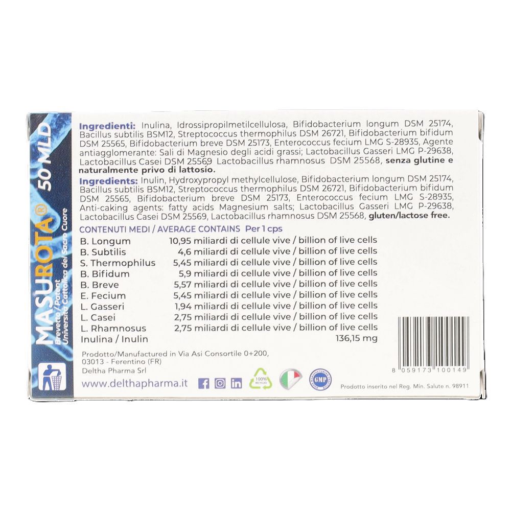 Dos de l'emballage Masurota 50 MLD. Contient ingrédients, informations nutritionnelles et coordonnées du fabricant.