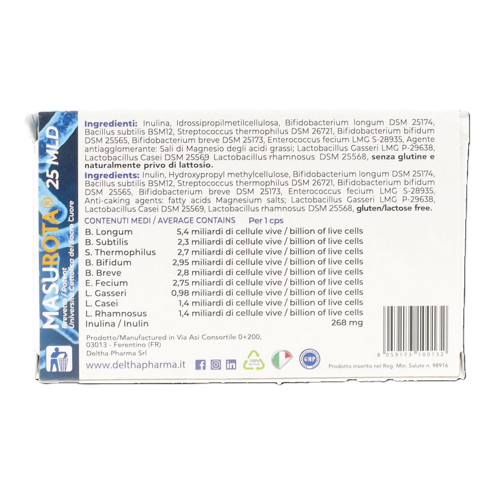 Dos de l'emballage Masurota 25 MLD. Contient ingrédients, informations nutritionnelles et fabricant.
