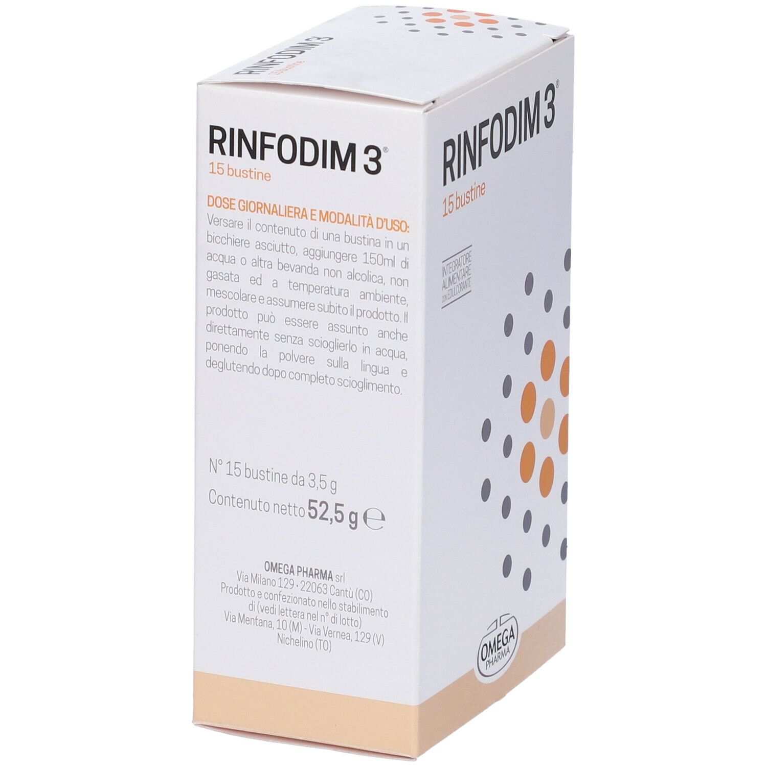 Weißer Karton mit Produktnamen und 15 Beuteln. Text über Dosierung und Anwendung. Logo Omega Pharma.